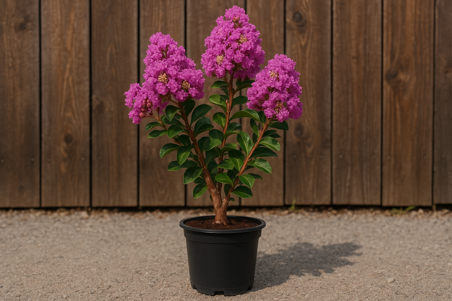 A photorealistic product photo of lagerstroemia indica 'purple star' in a black plastic pot, placed on light grey gravel ground, in front of a rustic brown wooden fence. Natural outdoor lighting, high resolution, realistic details, DSLR style photography.